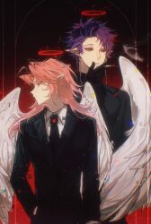  2boys black_jacket black_necktie cigarette closed_mouth collared_shirt earrings feathered_wings film_grain glitch halo hand_in_pocket hatsutori_hajime highres holding holding_cigarette jacket jewelry long_hair long_sleeves male_focus multiple_boys necktie pink_hair pointy_ears purple_hair red_eyes red_halo saibou_shinkyoku shirt short_hair smoke sputniklover-1 theodore_riddle white_shirt white_wings wings 