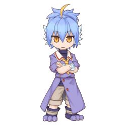  1boy black_shirt blue_hair buttons chibi chibi_only coat collared_coat crossed_arms double-breasted full_body grey_pants hair_between_eyes ice_hair long_bangs looking_at_viewer male_focus necktie official_art open_mouth pants paw_shoes purple_coat ragnarok_online rudy_(ragnarok_online) shirt simple_background slit_pupils solo standing transparent_background v-shaped_eyebrows yellow_necktie yuichirou 