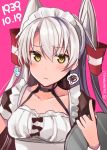  1girl alternate_costume amatsukaze_(kantai_collection) choker dated hair_tubes kantai_collection long_hair looking_at_viewer maid maid_headdress pink_background silver_hair simple_background solo squiggle tray twitter_username two_side_up upper_body waitress windsock wrist_cuffs yunamaro 