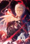  1boy archer armor blood blood_on_face collar dark_background dark_skin dark_skinned_male facing_viewer fate/stay_night fate_(series) grey_hair h_sueun highres injury jacket jewelry long_sleeves male_focus open_mouth pendant ruby_(gemstone) sim solo teeth unlimited_blade_works upper_body white_hair 