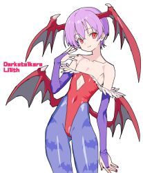  1girl animal_print bare_shoulders bat_print bat_wings capcom darkstalkers demon_girl flat_chest head_wings highres leotard lilith_(darkstalkers) matuo3232 pantyhose print_pantyhose purple_hair red_eyes red_leotard short_hair smile solo wings 