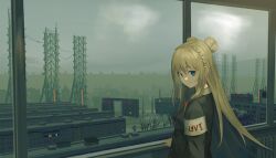  1girl armband bare_tree black_jacket blonde_hair blue_eyes braid building buttons city closed_mouth commentary concept_art crown_braid double_bun fog grey_sky hair_bun half_updo hin&#039;yari_(kakukuru) jacket long_hair looking_at_viewer necktie original overcast power_lines radio_tower red_necktie scenery sky smile solo tree white_armband window 