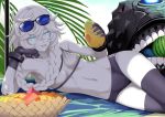  1girl bangs bikini black_gloves black_legwear blue_eyes braid breasts chin_rest eyewear_on_head fingernails food food_in_mouth fruit gloves glowing glowing_eyes holding holding_food holding_fruit kantai_collection kumadano long_fingernails long_hair lying navel on_side pale_skin shade sharp_teeth shinkaisei-kan single_braid small_breasts solo sunglasses supply_depot_hime supply_depot_summer_hime swimsuit teeth thigh-highs watermelon white_hair white_skin 