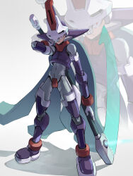  1boy absurdres aqua_hair armor energy_blade helmet highres holding holding_scythe long_hair mega_man_(series) mega_man_zx model_w_(mega_man) omochi_(mochi_skymega) power_armor prometheus_(mega_man) purple_armor purple_helmet red_eyes scythe solo_focus standing white_helmet zoom_layer 