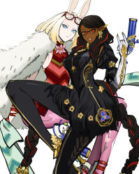  2girls absurdres adramelekh_(kyou) alternate_costume alternate_hairstyle anamelekh_(kyou) animal_ears bayonetta bayonetta_(cosplay) bayonetta_(series) black_bodysuit blonde_hair blue_eyes bodysuit breasts coat cosplay dark-skinned_female dark_skin earrings eyewear_on_head fur_coat glasses gun handgun highres holding holding_gun holding_weapon jeanne_(bayonetta) jeanne_(bayonetta)_(cosplay) jewelry kyou_(ningiou) long_hair looking_at_viewer medium_breasts medium_hair multiple_girls original pointy_ears rabbit_ears red_eyes very_long_hair weapon white_background 