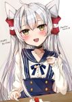  1girl alternate_costume amatsukaze_(kantai_collection) blue_dress blue_sailor_collar cake character_name chigasaki_y commentary_request cowboy_shot dress food hair_tubes happy_birthday kantai_collection long_hair looking_at_viewer sailor_collar shirt shortcake silver_hair simple_background slice_of_cake smile smokestack_hair_ornament solo strawberry_shortcake two_side_up white_background white_shirt windsock 
