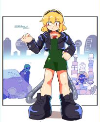  1girl 2boys bass_(mega_man) black_jacket blonde_hair car chest_jewel cropped_jacket dress full_body green_dress highres jacket medium_hair mega_man_(classic) mega_man_(series) motor_vehicle multiple_boys open_clothes open_jacket original piano_(srnhuyuno) sniper_joe_(mega_man) srnhuyuno twitter_username white_background 