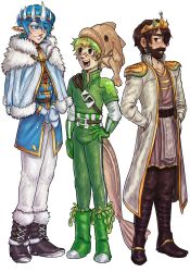  3boys :d adapted_costume androgynous beard bishounen blonde_hair blue_eyes blue_hair boots brown_hair capelet coat commentary crown elf empires_smp english_commentary eyes_visible_through_hair facial_hair fins fish_boy fish_hat fish_tail formal fur_trim hair_over_one_eye head_fins highres king male_focus minecraft_youtube multiple_boys open_mouth oxiwan pixlriffs pixlriffs_(copper_king) pointy_ears short_hair simple_background slime_(substance) smajor1995 smajor1995_(rivendell) smile solidaritygaming solidaritygaming_(codfather) standing superhero_costume tail white_background 