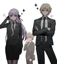  1girl 2boys ahoge belt black_gloves black_jacket black_necktie black_pants black_ribbon black_skirt blonde_hair blue_eyes braid brown_hair cella8up closed_mouth collared_shirt cowboy_shot crossed_arms danganronpa:_trigger_happy_havoc danganronpa_(series) formal frown glasses gloves green_eyes hair_ribbon highres jacket kirigiri_kyoko long_hair long_sleeves looking_at_viewer multiple_boys naegi_makoto necktie open_clothes open_jacket pants purple_hair ribbon shirt short_hair side_braid simple_background skirt sparkle togami_byakuya violet_eyes white-framed_eyewear white_background white_shirt 