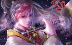  1boy asymmetrical_bangs bangs black_hair closed_mouth collar dark_background flute high_ponytail highres holding holding_flute holding_instrument instrument japanese_clothes looking_at_viewer male_focus minamoto_no_hiromasa multicolored_hair onmyoji red_eyes redhead solo tree two-tone_hair user_exvv8824 