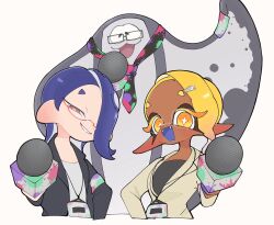  2girls 333surimi :d bespectacled big_man_(splatoon) black_suit blonde_hair bright_pupils colored_eyelashes commentary_request dark-skinned_female dark_skin fangs frye_(splatoon) glasses highres holding holding_microphone inkling lanyard long_pointy_ears looking_at_viewer medium_hair microphone multiple_girls octoling official_alternate_costume open_mouth pointing pointing_at_viewer pointy_ears red-framed_eyewear red_eyes shiver_(splatoon) short_eyebrows simple_background smile splatoon_(series) splatoon_3 star-shaped_pupils star_(symbol) suit symbol-shaped_pupils tentacle_hair thick_eyebrows white_background white_pupils yellow_eyes 