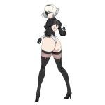  1girl artist_request ass bangs black_footwear black_legwear blindfold boots breasts closed_mouth commentary feather_trim from_behind gloves hairband high_heel_boots high_heels highleg highleg_leotard leotard lips long_sleeves looking_back medium_breasts mole mole_under_mouth nier_(series) nier_automata puffy_sleeves short_hair simple_background thigh-highs thigh_boots thighs turtleneck white_background white_hair yorha_no._2_type_b 