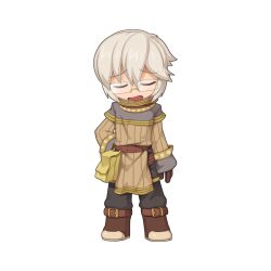  1boy belt black_pants boots brown_belt brown_footwear brown_gloves brown_shirt chibi chibi_only closed_eyes full_body glasses gloves grey_hair hair_between_eyes long_bangs long_sleeves male_focus official_art open_mouth pants pouch ragnarok_online rimless_eyewear shirt short_hair simple_background solo standing transparent_background yuichirou yuri_(ragnarok_online) 