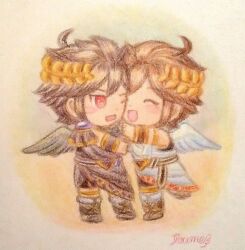  ahoge ancient_greek_clothes angel angel_wings annoyed armlet blush_stickers brown_hair chibi chibi_only dark_angel dark_pit greco-roman_clothes grey_wings highres hug jewelry kid_icarus kid_icarus_uprising laurel_crown male_focus pit_(kid_icarus) siblings suruga_kanade traditional_media tsundere twins wings yellow_background 