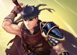  1boy arm_up armor artist_name blue_hair cape dated fingerless_gloves fire_emblem fire_emblem:_radiant_dawn gloves green_headband headband highres ike_(fire_emblem) male_focus pauldrons red_cape sessdraws short_hair shoulder_armor single_pauldron solo sword sword_on_back upper_body weapon weapon_on_back 