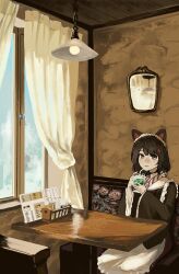  1girl absurdres booth_seating brown_eyes brown_hair cafe ceiling_light cup curtains drink drinking drinking_glass drinking_straw highres inui_toko maid meanstreet menu nijisanji scenery solo table window wooden_table 