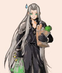  1boy absurdres armor bag baguette black_coat black_gloves bread brown_background chest_strap coat commentary english_commentary expressionless final_fantasy final_fantasy_vii food gloves green_eyes grey_hair grocery_bag hand_up highres long_bangs long_coat long_hair looking_down male_focus parted_bangs pauldrons sephiroth shopping_bag shoulder_armor slit_pupils snoozaga solo sweatdrop upper_body very_long_hair 