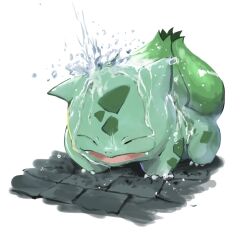  ^_^ bulbasaur closed_eyes colored_skin ekaki_panda fangs full_body green_skin highres no_humans nostrils open_mouth plant_monster pokemon pokemon_(creature) pokemon_focus pouring pouring_onto_another smile solo water watering white_background 