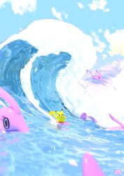  animal_focus blue_sky clouds commentary english_commentary gorebyss highres medium_request no_humans ocean olivia_haines outdoors pikachu pokemon pokemon_(creature) sky surfboard surfing_pikachu tail water waves 