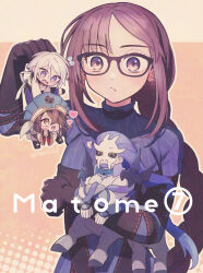  2boys 2girls black-framed_eyewear black_gloves black_hair blue_sweater blush braid brown_eyes brown_hair carrying carrying_person centaur closed_mouth commentary_request ear_piercing fate/grand_order fate_(series) flying_sweatdrops glasses gloves hair_between_eyes hat heart highres long_hair looking_at_another mini_person miniboy minigirl multiple_boys multiple_girls one_eye_covered piercing prince_of_lan_ling_(fate) purple_hair seeds328 short_hair size_difference sweater taur turtleneck turtleneck_sweater twitter_username very_long_hair violet_eyes xiang_yu_(fate) xu_fu_(fate) yu_mei-ren_(fate) 