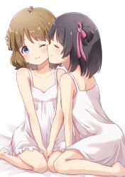  2girls ahoge arms_between_legs back bare_shoulders barefoot black_hair blue_eyes blush bow brown_hair camisole cheek-to-cheek closed_mouth collarbone dot_nose flat_chest hair_bow hair_ribbon heads_together highres idolmaster idolmaster_million_live! idolmaster_million_live!_theater_days looking_at_viewer mini39mame multiple_girls nakatani_iku one_eye_closed one_side_up pink_ribbon ribbon short_hair simple_background sitting smile suou_momoko wariza wavy_hair white_background white_camisole 