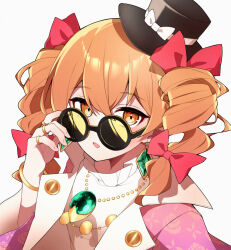  1girl adjusting_eyewear amber_eyes brown_hair ch00suke drill_hair earrings hair_ribbon hat jewelry multiple_rings necklace ribbon ring solo sunglasses top_hat touhou yorigami_jo'on 