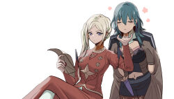  2girls arm_up arms_behind_back belt black_belt black_pantyhose black_shorts brown_coat byleth_(female)_(fire_emblem) byleth_(fire_emblem) closed_eyes closed_mouth coat coat_on_shoulders commentary_request couple crop_top crossed_legs dagger detached_collar dress edelgard_von_hresvelg fire_emblem fire_emblem:_three_houses from_side green_hair hair_between_eyes hair_over_shoulder hand_on_another&#039;s_chin holding holding_paper jewelry knife leaning_back leaning_forward leaning_to_the_side light_blush long_hair long_sleeves looking_at_object looking_down loose_belt multiple_girls navel nieto_tokage pantyhose paper parted_bangs pendant red_dress short_shorts shorts side_ponytail simple_background sitting spoken_flower standing stomach violet_eyes wavy_hair weapon white_background white_hair yuri 