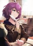  1girl ahoge bernadetta_von_varley blush book chair collarbone cute desk feather_pen feathers fire_emblem fire_emblem:_three_houses fire_emblem:_three_houses fire_emblem_16 garreg_mach_monastery_uniform highres hood hoodie indoors intelligent_systems light_rays loli long_sleeves messy_hair nakabayashi_zun nintendo notebook pen purple_hair short_hair sitting smile solo stuffed_animal stuffed_toy sunlight uniform violet_eyes 