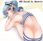  1girl bangs bikini blue_hair butt_crack character_name dixie_cup_hat double_bun eighth_note from_behind hat highres kantai_collection little_blue_whale_(kantai_collection) looking_at_viewer looking_back military_hat musical_note nuka_(nvkka) samuel_b._roberts_(kantai_collection) short_hair sitting smile solo striped striped_bikini striped_swimsuit swimsuit whale yellow_eyes 