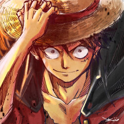  1boy black_eyes black_hair closed_mouth collarbone commentary_request english_commentary hand_on_headwear hat highres kirin_13 looking_at_viewer male_focus mixed-language_commentary monkey_d._luffy one_piece red_shirt scar scar_on_cheek scar_on_face shirt short_hair signature smile solo straw_hat 