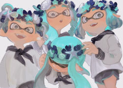  4girls :d :o ^_^ asymmetrical_hair black_neckerchief black_sailor_collar black_shorts blue_hair braid closed_eyes dolphin_shorts fangs ga4me4 head_wreath highres inkling inkling_girl inkling_player_character light_blue_hair long_hair long_sleeves multiple_girls neckerchief open_mouth pointy_ears sailor_collar sailor_shirt shirt short_hair shorts simple_background smile splatoon_(series) teeth tentacle_hair twintails upper_teeth_only white_background white_eyes white_shirt 