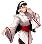  1girl bangs black_eyes black_hair black_pants bracelet breasts buttons closed_mouth earrings evilgun hand_up highres japanese_clothes jewelry kagura_chizuru lips long_sleeves looking_at_viewer medium_breasts pants shiny shiny_skin simple_background smile solo the_king_of_fighters white_background wide_sleeves 