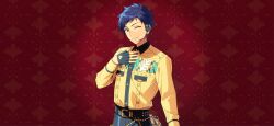  1boy belt belt_buckle black_belt black_gloves blue_hair buckle collared_shirt dark_blue_hair dress_shirt ensemble_stars! fingerless_gloves fingernails fushimi_yuzuru gloves hand_on_own_chest hand_up happy_elements headset long_sleeves looking_at_viewer male_focus mole mole_under_eye multicolored_clothes official_art one_eye_closed shirt short_hair smile solo third-party_source upper_body violet_eyes 