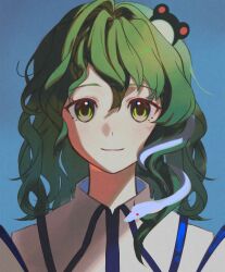  1girl blue_background frog_hair_ornament green_eyes green_hair hair_ornament heikokuru1224 kochiya_sanae looking_at_viewer medium_hair messy_hair portrait shirt simple_background smile snake_hair_ornament solo touhou white_shirt 