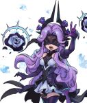  1girl arm_up bangs bare_shoulders black_dress blindfold breasts commentary cowboy_shot dress elbow_gloves flower gloves horns league_of_legends long_hair lower_teeth_only multicolored_clothes multicolored_dress open_mouth phantom_ix_row pink_hair purple_flower purple_gloves small_breasts solo spirit_blossom_syndra symbol-only_commentary syndra teeth thigh-highs tongue white_background white_dress 