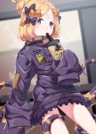  1girl abigail_williams_(fate/grand_order) bangs black_bow black_jacket blonde_hair blue_eyes blurry blurry_background blush bow bubble_tea commentary_request crossed_bandaids cup depth_of_field disposable_cup drinking drinking_straw fate/grand_order fate_(series) hair_bow hair_bun heroic_spirit_traveling_outfit highres holding holding_cup jacket key long_hair long_sleeves looking_at_viewer orange_bow parted_bangs polka_dot polka_dot_bow ryofuhiko sleeves_past_fingers sleeves_past_wrists solo star tentacles twitter_username 