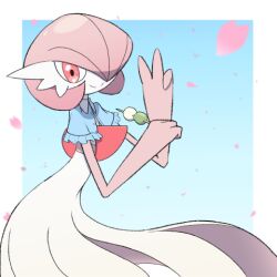  alternate_color alternate_shiny_pokemon bad_id bad_twitter_id blue_background blue_capelet capelet colored_skin dress falling_petals gardevoir hair_over_one_eye lowres multicolored_skin petals pink_eyes pink_hair pink_petals pink_skin pokemon pokemon_(creature) simple_background smile tasapi two-tone_skin white_dress white_skin 