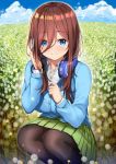  1girl bangs blue_cardigan blue_eyes blue_sky brown_hair cardigan closed_mouth clouds collared_shirt commentary_request dandelion flower go-toubun_no_hanayome green_skirt hair_between_eyes headphones headphones_around_neck hiroki_(hirokiart) holding holding_flower long_hair long_sleeves looking_at_viewer nakano_miku pantyhose pleated_skirt shirt skirt sky smile squatting white_shirt 