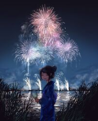  1girl :d absurdres aerial_fireworks black_hair blue_kimono closed_eyes clouds cowboy_shot facing_viewer fireworks floral_print from_side hair_bun highres japanese_clothes kimono long_sleeves meanstreet night night_sky obi open_mouth original print_kimono reeds reflection reflective_water river sash short_hair_with_long_locks sidelocks single_hair_bun sky skyline smile solo swept_bangs water wide_shot wide_sleeves 