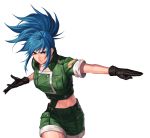  1girl bangs blue_eyes blue_hair brown_gloves closed_mouth collarbone commentary_request earrings evilgun fighting_stance gloves green_shirt green_shorts high_collar high_ponytail highres jewelry leona_heidern long_hair looking_at_viewer midriff navel ponytail shirt shorts sidelocks snk suspender_shorts suspenders the_king_of_fighters thighs 
