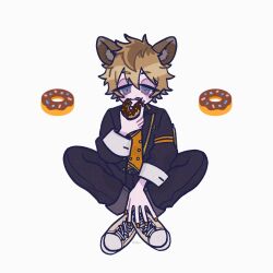  1boy blonde_hair commentary doughnut eating emoji food full_body grey_eyes highres holding holding_food hyena_boy hyena_ears indian_style looking_at_viewer male_focus night_raven_college_uniform ruggie_bucchi school_uniform short_hair sitting solo symbol-only_commentary tbr0009 twisted_wonderland white_background 