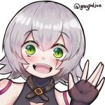  1girl artist_name bare_shoulders black_gloves blush commentary_request eyebrows_visible_through_hair face fate/grand_order fate_(series) fingerless_gloves gloves green_eyes grey_hair greypidjun hair_between_eyes jack_the_ripper_(fate/apocrypha) lowres scar scar_across_eye smile solo 
