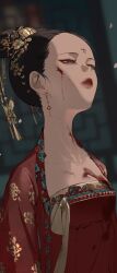  1girl absurdres black_hair blood blood_on_clothes blood_on_face blood_splatter breasts butterfly_hair_ornament chinese_clothes earrings falling_petals hair_bun hair_ornament hanfu highres jewelry lips long_neck original petals pink_petals qixiong_ruqun red_hanfu red_lips robe see-through small_breasts solo upper_body weizhidaodao 