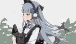  1girl animal assault_rifle bangs black_cat black_headwear blunt_bangs blush bow bowtie cat character_name checkered checkered_neckwear closed_mouth dress facial_mark frilled_dress frills girls_frontline green_eyes grey_background gun h&amp;k_hk416 hair_ornament hair_ribbon hat headphones headset hk416_(girls_frontline) holding holding_gun holding_weapon long_hair long_sleeves mini_hat ribbon rifle solo sparkle teardrop upper_body weapon younger yuki_hotaru 