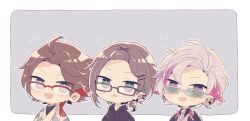  3boys ahoge black-framed_eyewear black_jacket black_shirt blue_eyes brown_hair chibi collared_shirt diagonal-striped_clothes diagonal-striped_necktie earrings fuwa_minato grey-framed_eyewear grey_eyes grey_hair grey_necktie hair_ornament hairpin highres jacket jewelry lapels majors_(nijisanji) male_focus mayuzumi_kai multicolored_hair multiple_boys multiple_earrings necktie nijisanji notice_lines pink_hair purple_hair red-framed_eyewear redhead saegusa_akina shirt short_hair smile streaked_hair striped_clothes stud_earrings two-tone_hair violet_eyes virtual_youtuber x_hair_ornament yuki_(yu_kix8) 