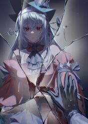  1girl aqua_hat arknights bare_shoulders black_gloves broken_mirror dress gloves grey_hair hair_between_eyes hat long_hair long_sleeves mirror official_alternate_costume pointy_hat red_dress red_eyes skadi_(arknights) skadi_the_corrupting_heart_(arknights) solo user_vdwm2422 very_long_hair white_hair 