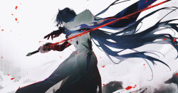  1girl acheron_(honkai:_star_rail) back_turned black_gloves blood blood_on_weapon cheonyeon-hi coat fake_claws gloves hair_ornament hairpin highres holding holding_sword holding_weapon honkai:_star_rail honkai_(series) long_hair pale_skin purple_hair sword weapon white_background white_coat 