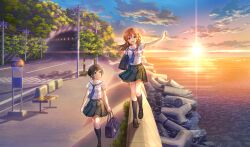  2girls :d arihara_tsubasa bag balancing bench black_hair black_socks blue_bag blue_eyes blue_necktie bow brown_hair brown_socks bus_stop cinderella_series closed_mouth clouds game_cg green_eyes grey_skirt hachigatsu_no_cinderella_nine hair_between_eyes hair_bow highres horizon kawakita_tomoe kneehighs light_rays loafers long_hair looking_at_another multiple_girls necktie non-web_source ocean official_art open_mouth outdoors plaid_clothes plaid_skirt pleated_skirt power_lines road sailor_collar school_bag school_uniform serafuku shirt shoes short_hair short_sleeves skirt smile socks sunbeam sunlight tetrapod tree tunnel utility_pole walking wave_breaker white_sailor_collar white_shirt yellow_bow 