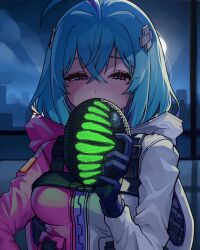  1girl absurdres ahoge blue_eyes blue_hair gloves hair_ornament half-closed_eyes highres ibr kartrider kartrider:_drift looking_at_viewer mask miso_(kartrider:_drift) night short_hair solo sweater zipper 