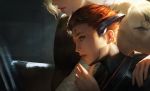  2girls arm_around_shoulder backlighting blonde_hair eyelashes finger_to_chin from_side head_out_of_frame lips looking_afar mercy_(overwatch) moira_(overwatch) multiple_girls nose overwatch parted_lips realistic redhead short_hair upper_body wang_chen 
